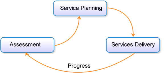 Service Planning connected to Services Delivery connected to Assesment which is then connected back to Service Planning. Tied together with a golden thread called Progress